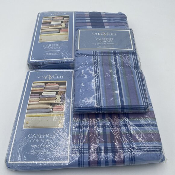 NEW Vintage Liz Claiborne Villager Twin Sheet Set Blue Plaid 3 Pcs NOS Made USA - Picture 1 of 7